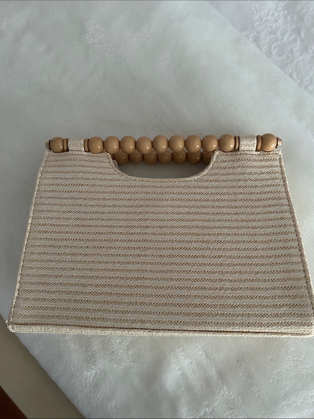 Beaded Handle Straw Tote Bag in Beige
